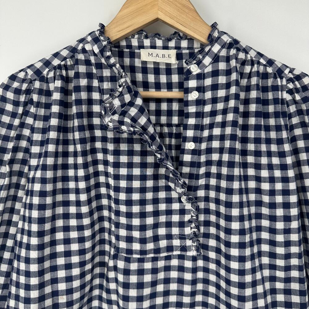 Navy and White Gingham Ruffle-Trim Blouse - Picture 3 of 11
